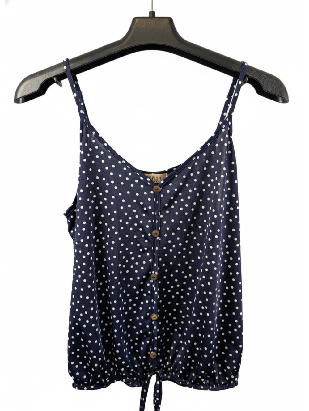 Lavish Navy Blue Polka Dot Button-Front Sleeveless Top with Drawstring Hem M